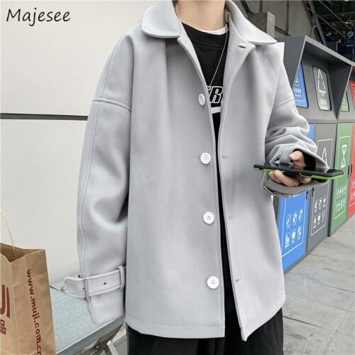 Men Blends Button Solid Long Sleeve Turn-down Collar Autumn New Mens Clothes Wool Coats Simple British Style Harajuku Fashion Bf