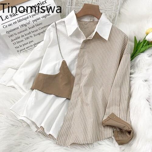 Tinomiswa 2021 New Shirts Women Spring Clothes Fake Two Piece Patchwork Long Sleeve Striped Blouse Female Single Breasted Blusas