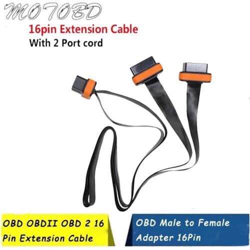 Orange Flat+Thin 16Pin OBD 2 Extender OBD2 16 Pin ELM327 Male To Dual Female Y Splitter Elbow OBDII Extension Connector Cable