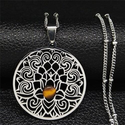2021 Yoga Lotus Natural Stone Stainless Steel Chain Necklace Silver Color Charm Necklace Jewelry joyeria acero inoxidable NXS04
