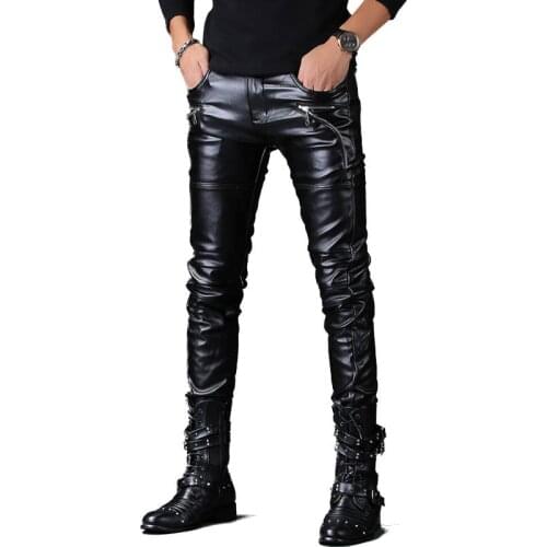 Pantalon Homme Men Faux Leather Pants Punk Style Skinny Zippers Night Club Motorcycle Black PU Leather Soft Trousers