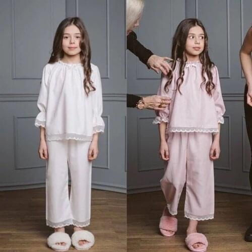 Spring Autumn 2 Pcs Baby Girls Pajama Set Lace Shirt + Pants 30% Silk Comfortable Girl Sleepwear Sweet Cotton Childrens Pajamas