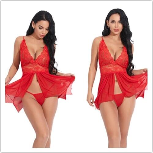 Slip Dress Lace Mesh Sexy Underwear Suit European Spice Slit Deep V Women Night Gown XXXL