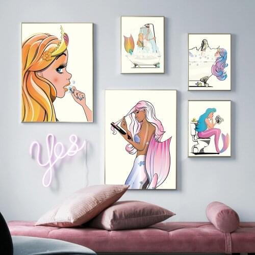 Mermaid Brushing Her Teeth Bathtub Print Poster Fun Toilet Humour Canvas Painting Retro Bathroom Kid Room Wall Art Decor Picture