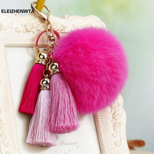 Pom pom keychain dollar three fur ball Ice Silk tassel diy handbag charm key chain pompom fluffy Key Holder Gift Chaveiro