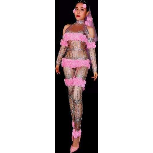 Sexy Stage Pink Flowers Jumpsuit Rhinestones One Piece Big Stretch Costume Womens Birthday Outfit Stage Singer Dance Costumes