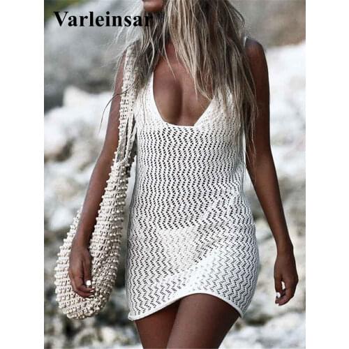 S - XL Mesh Sheer See Through Crochet Tunic Beach Cover Up Cover-ups Beach Dress Mini Beach Wear Beachwear Female Women V3007