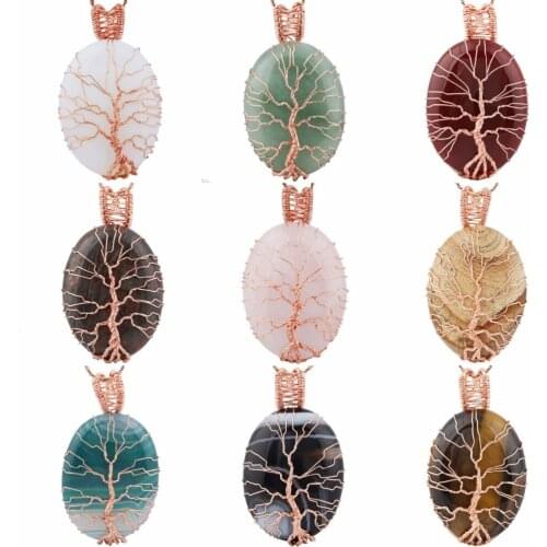 SUNYIK Oval Gem Stone Handmade Wire Wrapped Tree of Life Pendant Charms Necklace,Healing Reiki (Free Chain)