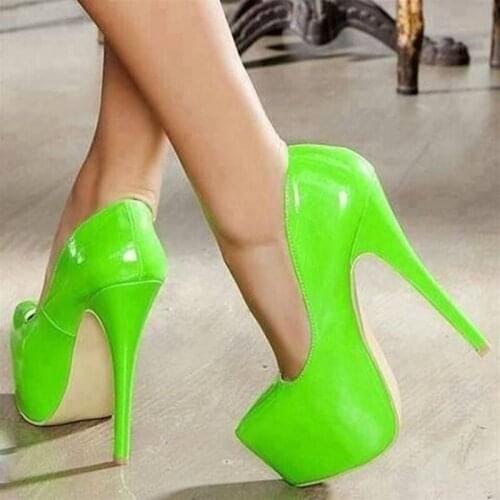 Hot Selling Patent Leather High Platform Pumps Round Toe Green Yellow Stiletto Heels Dress Shoes Slip-on Party Dress Shoes