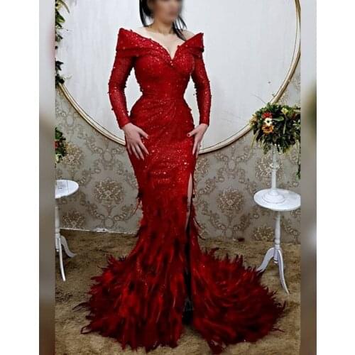 Gorgeous Mermaid Split Evening Dresses with Feathers Off the Shoulder Red Sequin Prom Gowns Long Sleeves vestidos formales