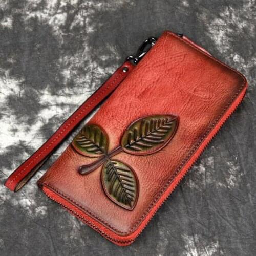 Vintage Women Wallet Genuine Leather Luxury Long Clutch Handy Bag Printing Floral Female Zipper Card Purse Money Clips New