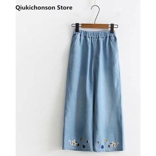 Japanese Teenage Girls Kawaii Kitten Cat Embroidery Wide Leg Pants Women Elastic High Waist Loose Pants Students Jeans Trousers