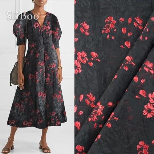 American style black with red floral jacquard brocade fabric for dress coat autumn spring jacquard tissue tecidos cloth SP4837