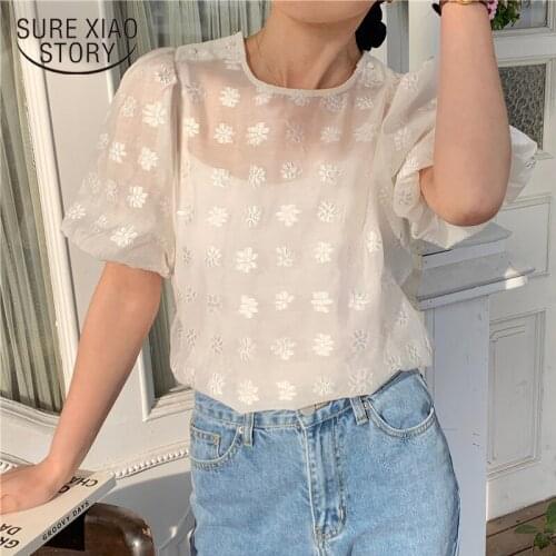 New Korean Summer O-Neck Women Tops Chic Embroidered Flowers with Sling Bubble Sleeve Perspective Shirt Loose Sweet Blouse 14365