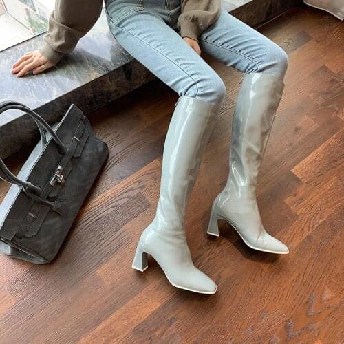 Square Toe Fashion Knee High Boots Solid Color Thick High Heels Red Gray Shoes Patent Leather Simple Knight Boots Woman Size 39