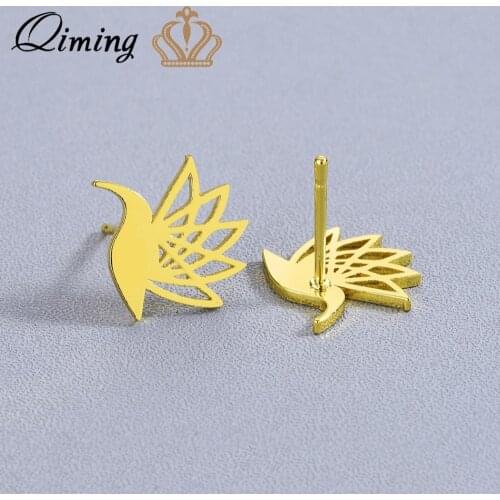 QIMING Stainless Steel Phoenix Stud Earrings For Women Golden Bird Flying Hummingbird Animal Cute Retro Ethnic Jewelry Earring