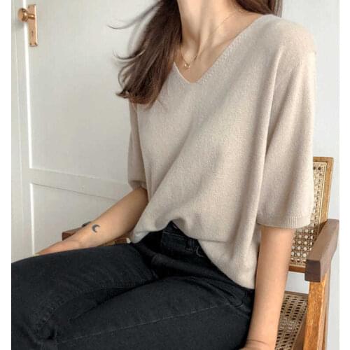 Woman Sweaters Pullover CEC Short-Sleeved Womens T-shirt 2021 Loose Mori Womens Sweater Top Femme Chandails