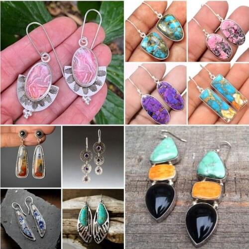 New Vintage Multicolor Stone Dangle Earrings Dora Juery Jewelry Antique Metal Pink Blue Handmade Hook Earrings for Women