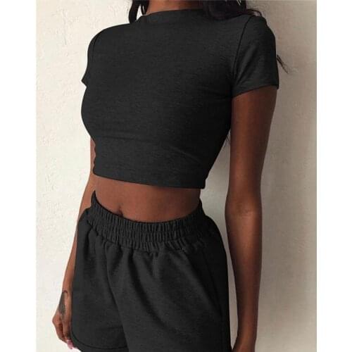 Women´s 2 Piece Outfit Set Cozy Sport Fitness Set Solid Color Round Neck Crop Short Sleeve Top Short High Waist Pants Sweet Set
