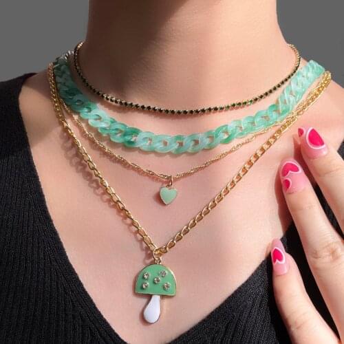 Flatfoosie Multi-layer Heart Mushroom Enamel Pendant Necklace For Women Chunky Acrylic Link Chain Crystal Necklace Trend Jewelry