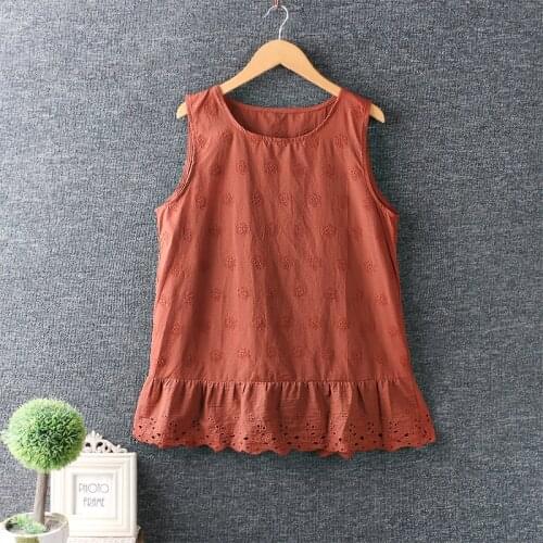 New Summer Women Solid Color Loose Cotton and linen Vest Embroidered Ruffled Sleeveless Tops Women