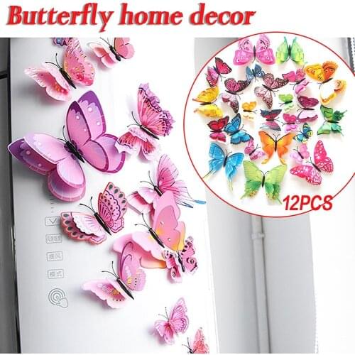 12-Piece Set Assorted Color Innovative Magnet Fridge Stickers Butterfly Wall Home Decor 3D Butterfly Art Decal Design (With Magn