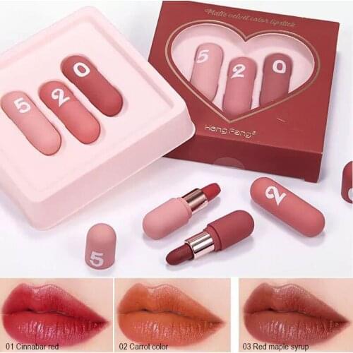 3pcs/Set Mini Capsule Velvet Matte Lip Sticks Long Lasting Moisture Waterproof Non-marking Lipstick Non-stick Cup Cosmetic Lip
