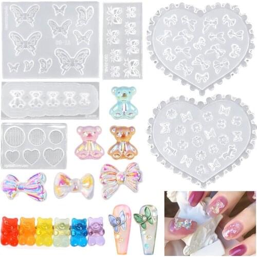 3D Silicone Nail Art Molds Epoxy Resin Nail Art Decortive Casting Mold with Bear Butterfly Bow for Nail Art Lady Manicure Design