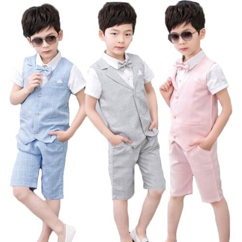 Children 4pcs Summer Clothing Sets Boys Formal Vest Shirts Shorts Bowtie Outfits Kids Prom Performance Dress Suits Sets