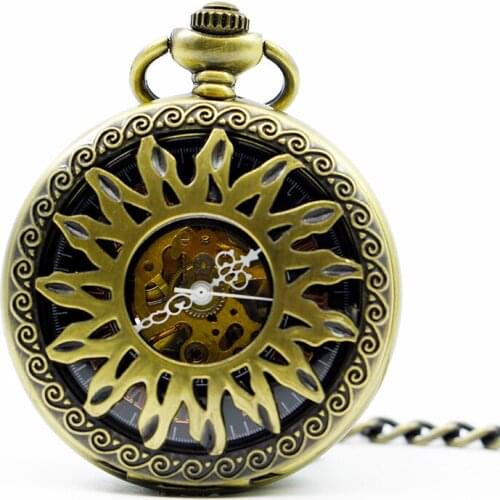 Bronze Steampunk Sunflower Hand Wind Mechanical Pocket Watches Men Roman Numberals Hollow Hand Fob Chain Watches PJX1257