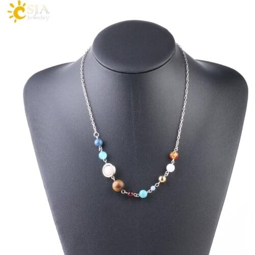 CSJA Solar System Planets Choker for Women Silver Color Short Statement Necklace Natural Stone Universe Galaxy Beads Collar S238
