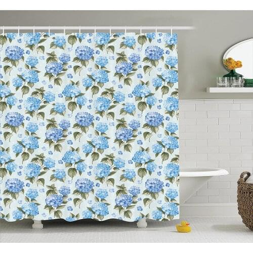 Floral Shower Curtain Blue Hydrangea Flowers Over Light Wedding Bridal Artistic Theme Wall Decoration Hanging Curtains