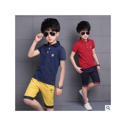 Baby Big Boys Kids Polo Shirt Tops 2021 Fashion Dots Boy Summer Clothing Set T Shirt+Pants Children Boys Clothes Sets 3-15 years