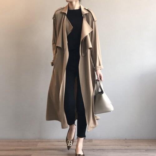 Elegant Vintage Women Mid-length Thin Khaki Trench Coat Plus Sashes Autumn Long Sleeve Temperament Cardigan Windbreaker Korean
