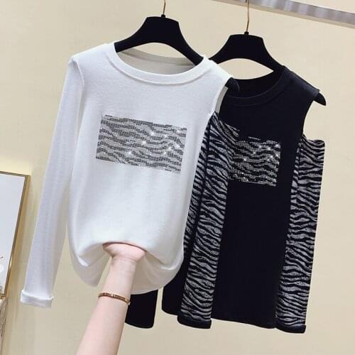Gkfnmt Long Sleeve T Shirt Women Tops Patchwork Diamond T-Shirt Korean Style Off Shoulder Tee Shirt Femme Woman Clothes Black