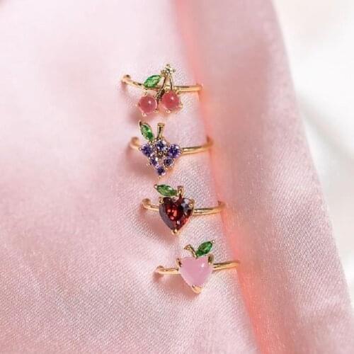 Sweet Rhinestones Apple Strawberry Cherry Grape Rings For Women Fashion Fruit Shaped Gem Gold Finger Rings Party Gifts Jewelry
