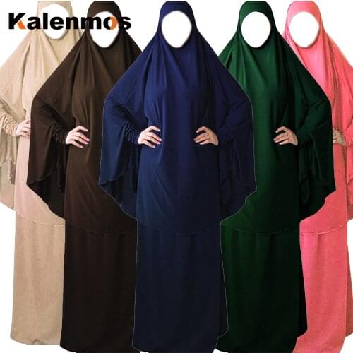 2 Piece Muslim Prayer Garment Sets Women Ramadan Hijab Abaya Jilbab Maxi Dress Khimar Burqa Islamic Clothing Overhead Arab Robe