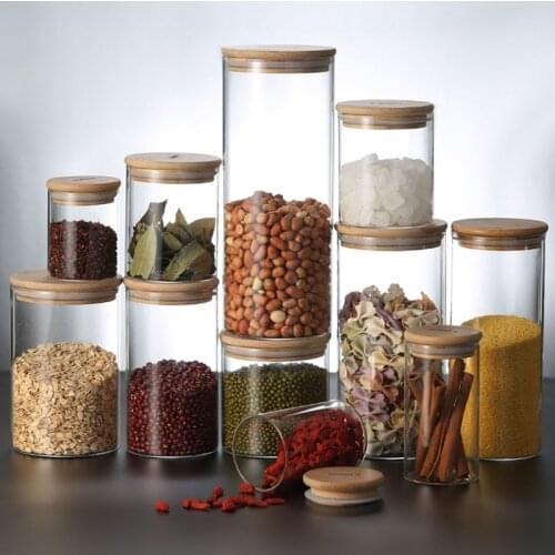 Storage Tank Food Container Bamboo Covered High Borosilicate Food Sealed Glass Tank Kitchen Miscellaneous Grain Organizer WB 081