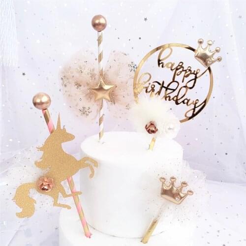 Beautiful Golden Star Happy Birthday Cake Topper Bow Crown Pearl Unicorn Flower Acrylic Cake Insert Card DIY Party Decoration G