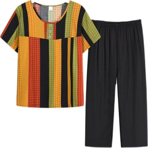 Summer Grandma Plus Size Two-piece Sets Loose Pullover Print Short Sleeve T-shirt+Pants Fashion Women Clothing Two-piece Suit