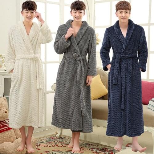 Men Winter Extra Long Thick Waffle Flannel Warm Bath Robe Plus Size Male Zipper Bathrobe Mens Sleepwear for Women Dressing Gown
