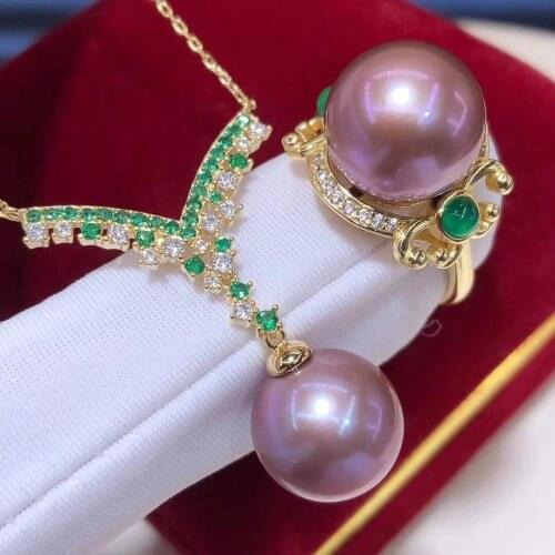 D908 Pearl Set Fine Jewelry 925 Sterling Silver Round 11-13mm Nature Fresh Water Purple Pearls Jewelry Sets for Women Presents
