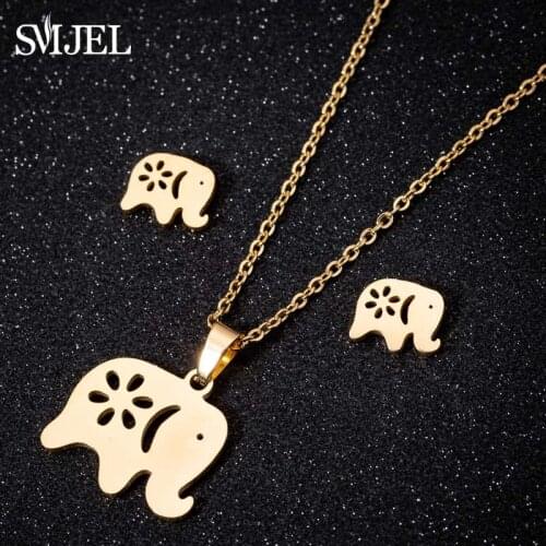 Stainless Steel Animal Jewelry Set for Women Kids Lovely Gold Color Butterfly Cat Elephant Necklaces Earrings Unicorn Star studs