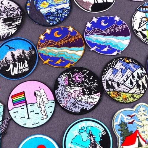 Mountain Patch Wilderness DIY Iron On Patches for Clothing Stripes Stickers Embroideried Patches For Clothes Van Gogh Badges