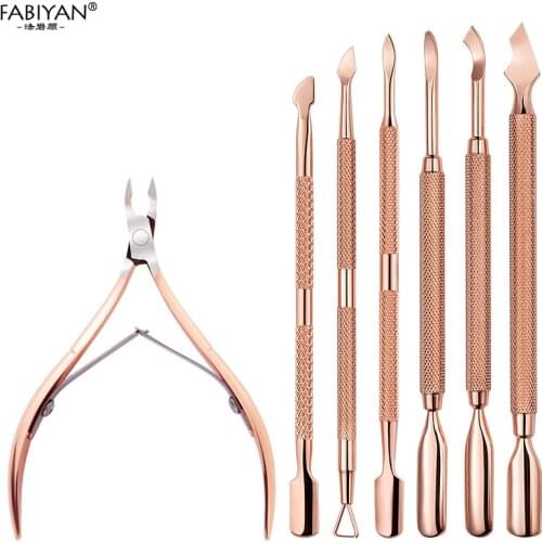 Stainless Steel Double Head Nail Art Dead Skin Pusher Cuticle Nipper Scissors Manicure Set Rose Gold UV Gel Remove 2/4Pcs/Set