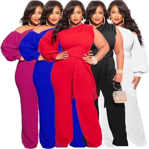 Charming Women Solid Slash Neck Jumpsuits Plus Size Lady Asymmetrical Lantern Sleeve Sashes Lace-up Loose Rompers 2021 Autumn
