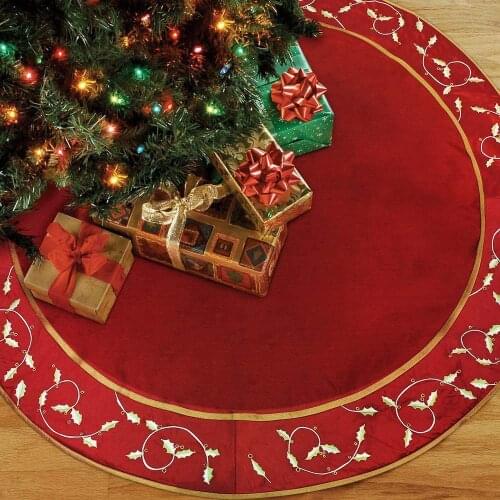 Extra large Faux Silk Holly Leaves Embroidery Border Christmas tree Decoration Skirt Burgundy
