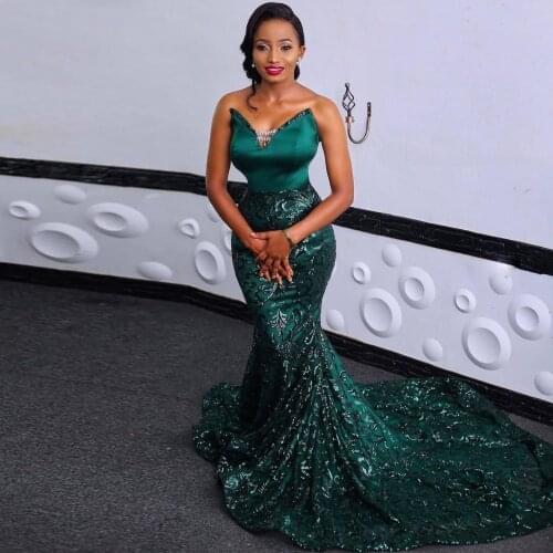 Dark Green Sweetheart Mermaid Evening Gowns Aso Ebo African Lace Sweep Train Prom Dresses Arabic Women Formal Party Dress