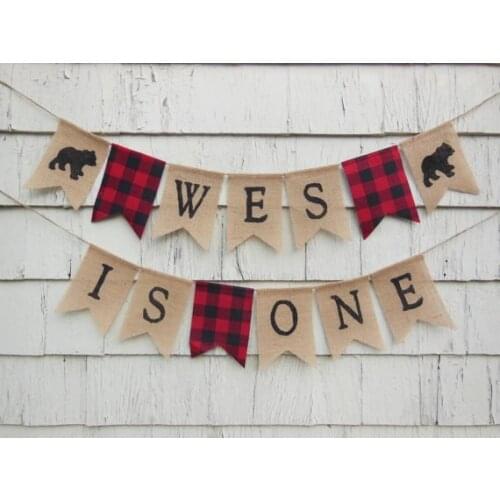 Custom name age Lumberjack first birthday burlap Banners baby shower nursery room sign party Buntings garlands Photo Prop