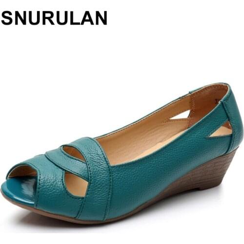 SNURULAN Genuine Leather Elegant Sandals Women Summer Shoes Slip On Sexy Peep Hollow Toe Ladies Wedge Sandals 4cm Cover Heel 43